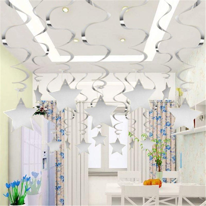 بيشيدا زينة بيشيدا الفضية المعلقة على شكل نجمة حلزونية، لوازم حفلات فضية معلقة لحفلات التخرج والزفاف وحفلات استقبال المولود، عبوة من 15 قطعة - Image 3